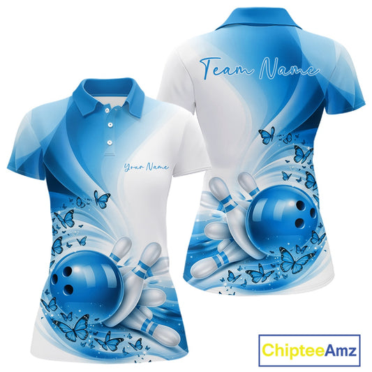 Front and back mockup of a women s white and blue bowling polo shirt with butterfly accents and bowling graphics.