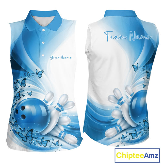 Custom Blue Butterfly Bowling Women Sleeveless Polo Shirt, Ladies Bowling League Shirt IPHW11352