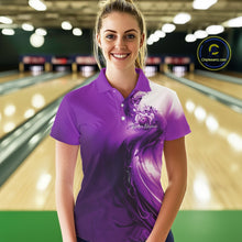 Load image into Gallery viewer, Female model in a purple bowling polo shirt featuring butterfly accents and bowling graphics at the bowling lane.