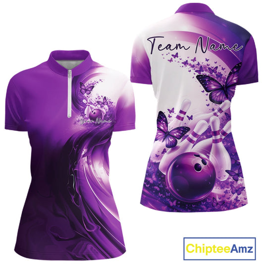Custom Purple Butterfly Bowling Women Quarter-Zip Shirt, Ladies Bowling Team Outfits IPHW11354
