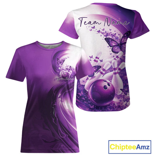 Custom Purple Butterfly Bowling Women T-Shirts, Ladies Bowling Team Outfits IPHW11354