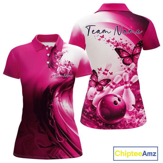 Front and back mockup of a pink women s bowling polo shirt featuring butterfly accents and bowling graphics.