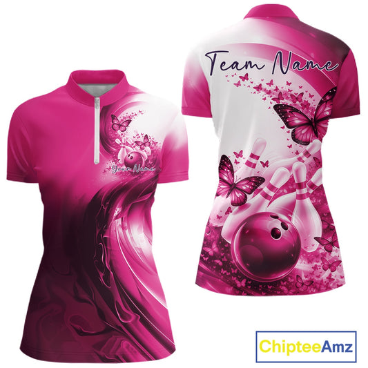 Custom Pink Butterfly Bowling Women Quarter-Zip Shirt, Ladies Bowling Team Outfits IPHW11355