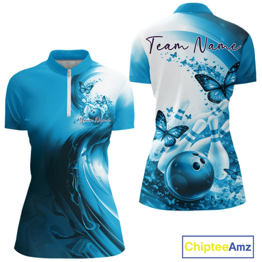 Custom Blue Butterfly Bowling Women Quarter-Zip Shirt, Ladies Bowling Team Outfits IPHW11356