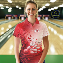 Load image into Gallery viewer, Female model wearing a white and red bowling polo shirt featuring butterfly artwork and bowling-themed graphics at the bowling lane.