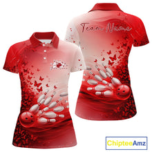 Load image into Gallery viewer, Front and back mockup of a women s white and red bowling polo shirt with butterfly accents and bowling graphics.