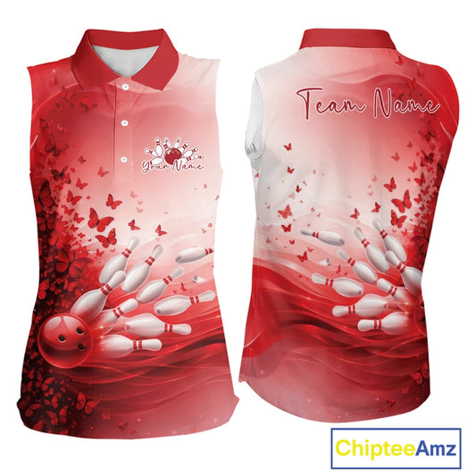 Custom Red Butterfly Bowling Women Sleeveless Polo Shirt, Women Bowling Tournament Uniform IPHW11360