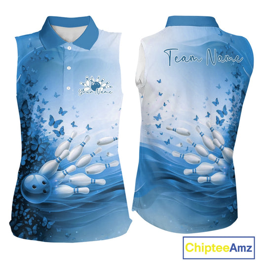 Custom Blue Butterfly Bowling Women Sleeveless Polo Shirt, Women Bowling Tournament Uniform IPHW11361