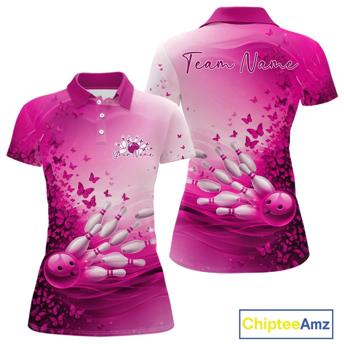 Front and back view of a women s white and pink bowling polo shirt mockup featuring butterfly accents and bowling graphics.