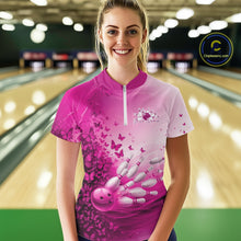 Load image into Gallery viewer, Custom Pink Butterfly Bowling Women Quarter-Zip Shirt, Women Bowling Tournament Uniform IPHW11362