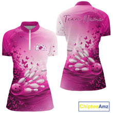 Load image into Gallery viewer, Custom Pink Butterfly Bowling Women Quarter-Zip Shirt, Women Bowling Tournament Uniform IPHW11362