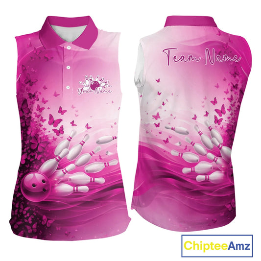 Custom Pink Butterfly Bowling Women Sleeveless Polo Shirt, Women Bowling Tournament Uniform IPHW11362