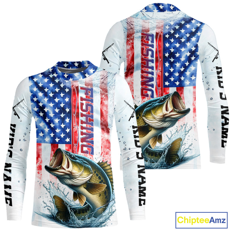 Custom Patriotic Largemouth Bass US Flag Kid Long Sleeve Fishing Shirt, Bass Fishing Jersey IPHW9198