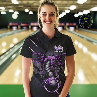 Custom Glowing Purple Dragon Bowling Team Polo Shirts For Women, Dragon Bowling Jerseys IPHW9539