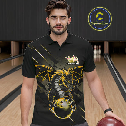 Custom Glowing Yellow Dragon Bowling Team Polo Shirts For Men, Dragon Bowling Jerseys IPHW9540
