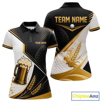 Custom Black And Gold Golf And Beer Golf Team Women Polo Shirt, Golf Apparel IPHW11671