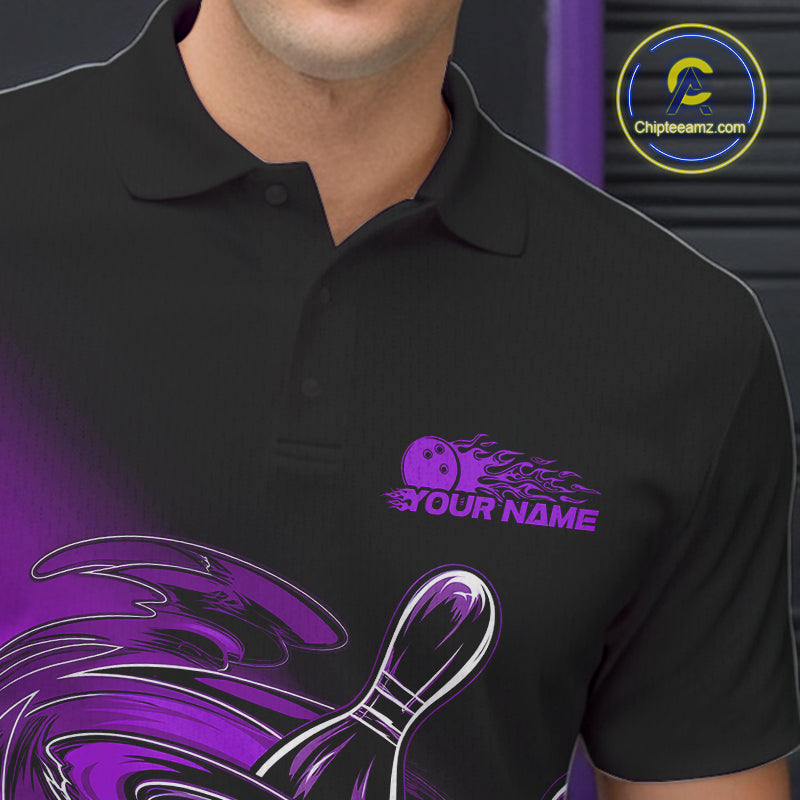 Custom Black And Purple Flame Bowling Polo Shirts For Men, Team Bowling League Shirt IPHW9778