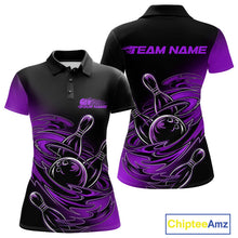 Load image into Gallery viewer, Custom Black And Purple Flame Bowling Polo Shirts For Women, Team Bowling League Shirt IPHW9778