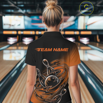 Custom Black And Orange Flame Bowling Polo Shirts For Women, Team Bowling League Shirt IPHW9779