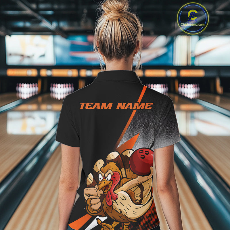 Custom Funny Orange Turkey Bowling Team Women Polo Shirts, Thanksgiving Bowling Shirt IPHW9783