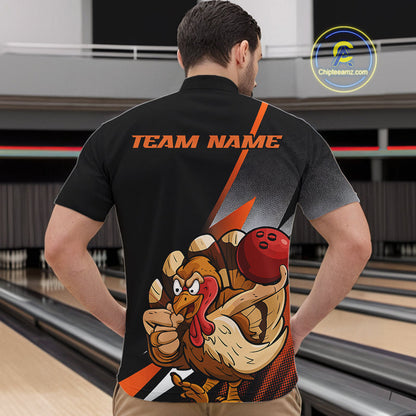 Custom Funny Orange Turkey Bowling Team Men Quarter-Zip Shirts, Thanksgiving Bowling Shirt IPHW9783