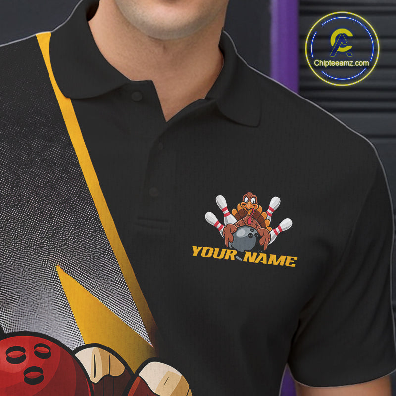 Custom Funny Yellow Turkey Bowling Team Men Polo Shirts, Thanksgiving Bowling Shirt IPHW9784