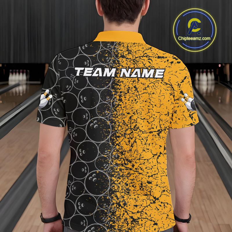 Custom Black And Yellow Splatter Bowling Ball Pattern Bowling Team Polo Shirts For Men IPHW9788
