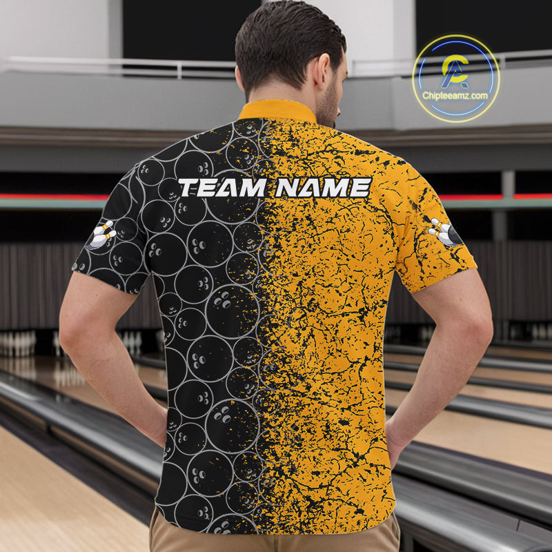Custom Black And Yellow Splatter Bowling Ball Pattern Bowling Team Quarter-Zip Shirts For Men IPHW9788
