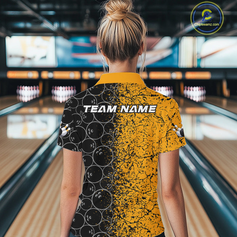 Custom Black And Yellow Bowling Ball Pattern Bowling Team Women Quarter-Zip Shirts IPHW9788