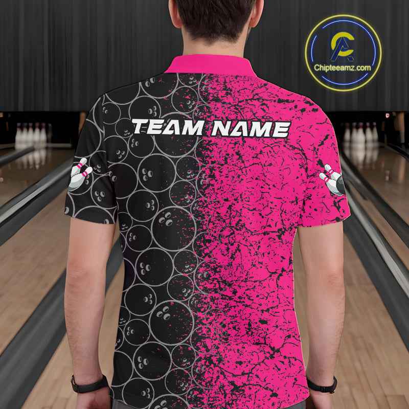 Custom Black And Pink Splatter Bowling Ball Pattern Bowling Team Polo Shirts For Men IPHW9789