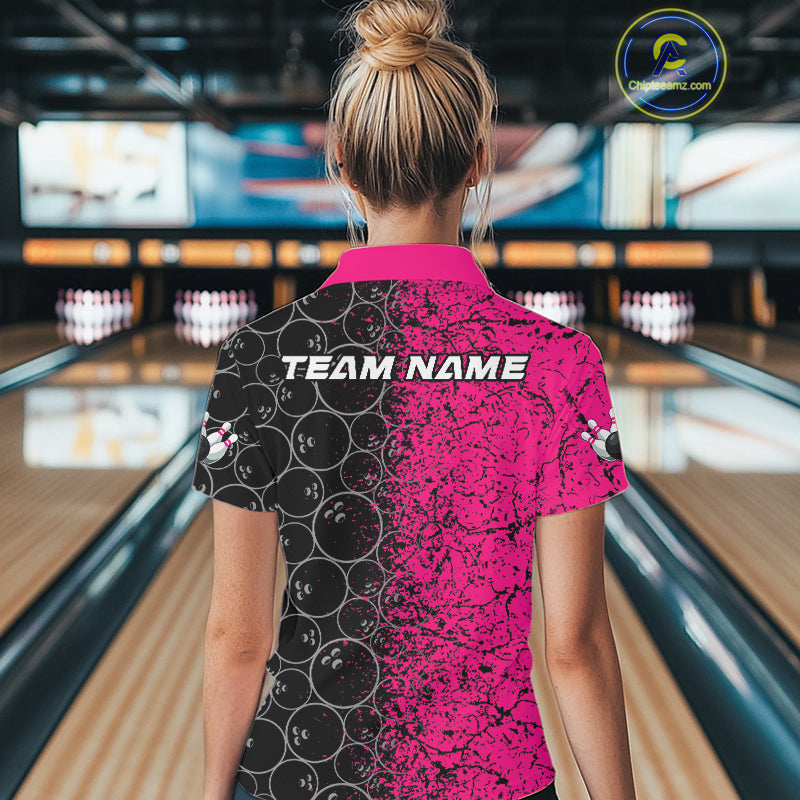Custom Black And Pink Splatter Bowling Ball Pattern Bowling Team Polo Shirts For Women IPHW9789