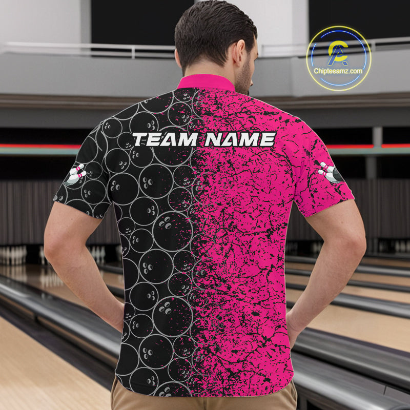 Custom Black And Pink Splatter Bowling Ball Pattern Bowling Team Quarter-Zip Shirts For Men IPHW9789