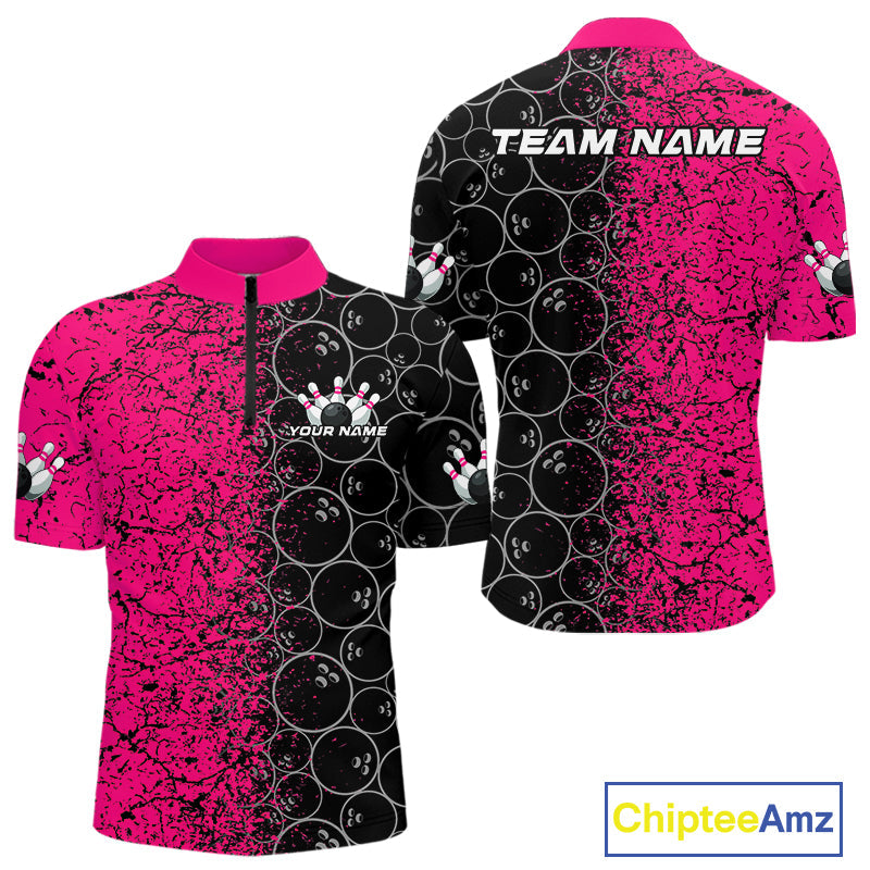 Custom Black And Pink Splatter Bowling Ball Pattern Bowling Team Quarter-Zip Shirts For Men IPHW9789