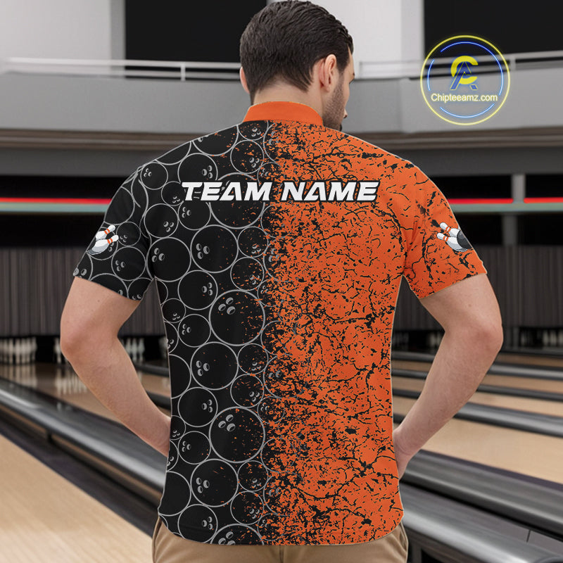 Custom Black And Orange Splatter Bowling Ball Pattern Bowling Team Quarter-Zip Shirts For Men IPHW9791