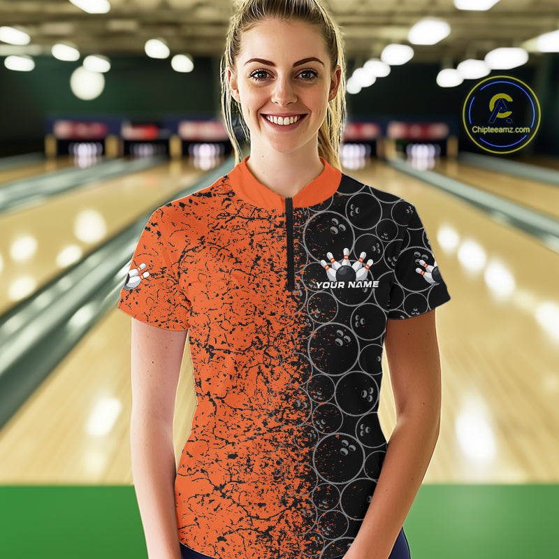 Custom Black And Orange Bowling Ball Pattern Bowling Team Women Quarter-Zip Shirts IPHW9791