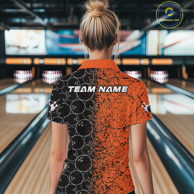Custom Black And Orange Bowling Ball Pattern Bowling Team Women Quarter-Zip Shirts IPHW9791