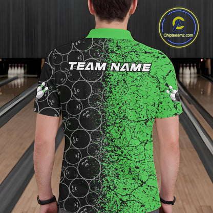 Custom Black And Green Splatter Bowling Ball Pattern Bowling Team Polo Shirts For Men IPHW9792
