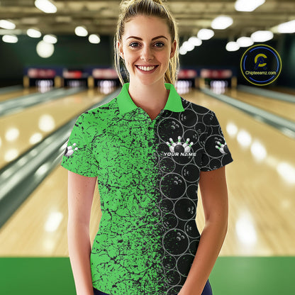 Custom Black And Green Splatter Bowling Ball Pattern Bowling Team Polo Shirts For Women IPHW9792