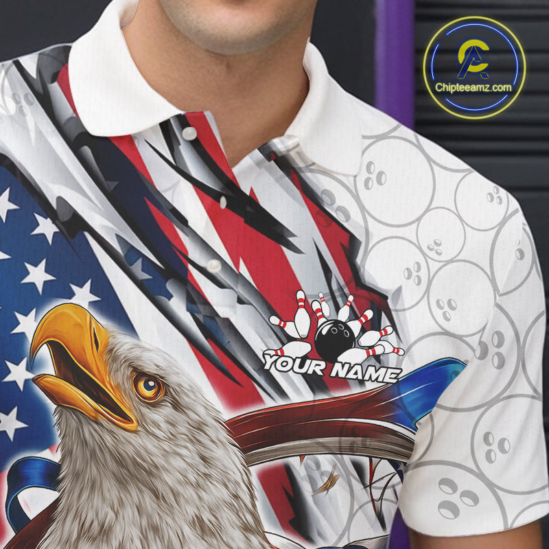 Custom Patriotic US Flag Eagle Bowling Men Shirt, USA Bowling Team League Shirt IPHW10163