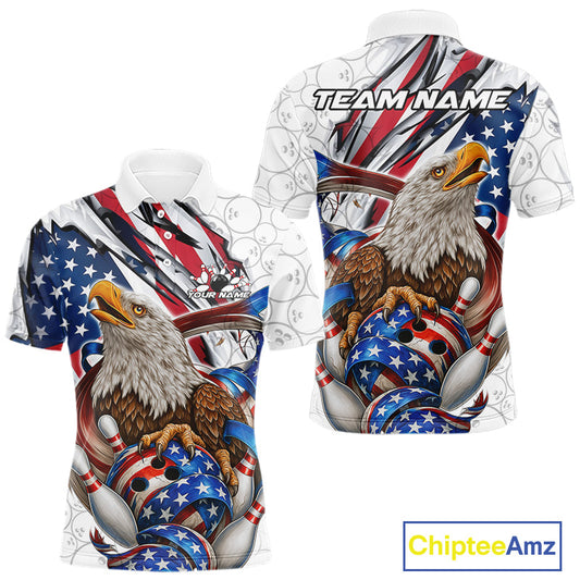 Custom Patriotic US Flag Eagle Bowling Men Shirt, USA Bowling Team League Shirt IPHW10163