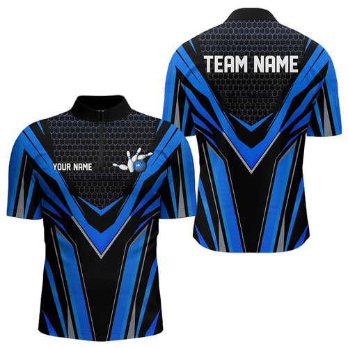 Custom Black And Blue Bowling Jerseys For Men, Bowling Team Uniform Quarter-Zip Shirts IPHW8250