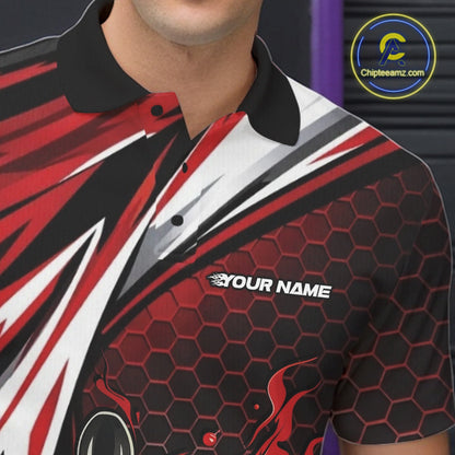 Custom Red Flame Bowling Jerseys For Men, Hexagon Bowling Team Tournament Shirt IPHW10556