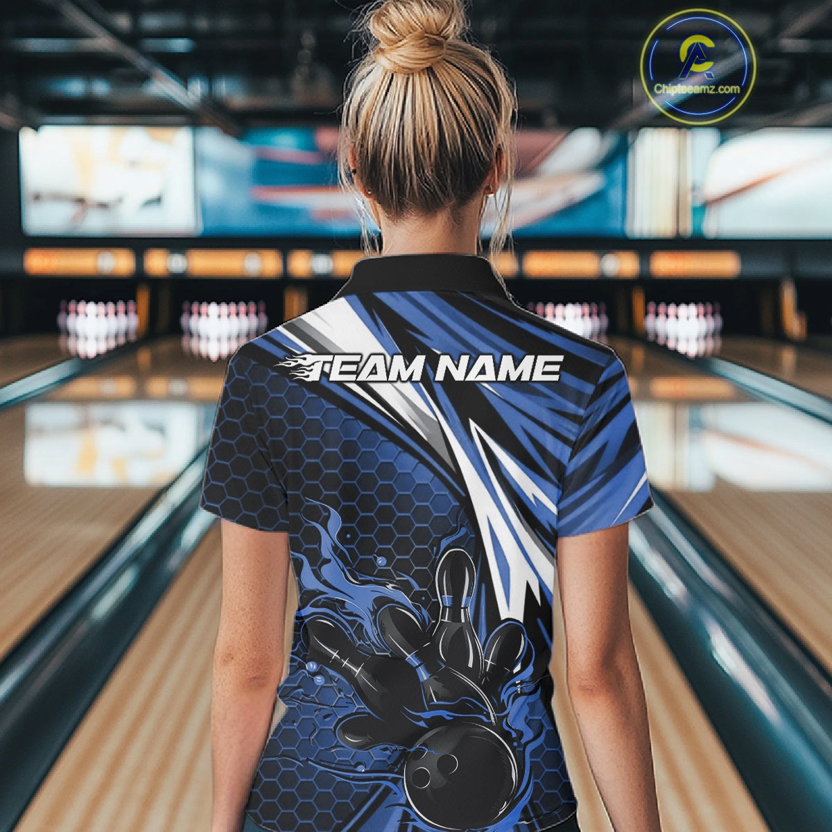Custom Blue Flame Bowling Jerseys For Women, Hexagon Bowling Team Tournament Shirt IPHW10557