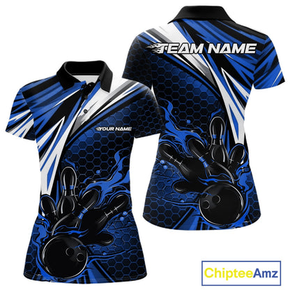 Custom Blue Flame Bowling Jerseys For Women, Hexagon Bowling Team Tournament Shirt IPHW10557