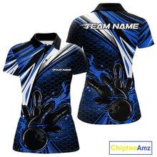 Load image into Gallery viewer, Custom Blue Flame Bowling Jerseys For Women, Hexagon Bowling Team Tournament Shirt IPHW10557