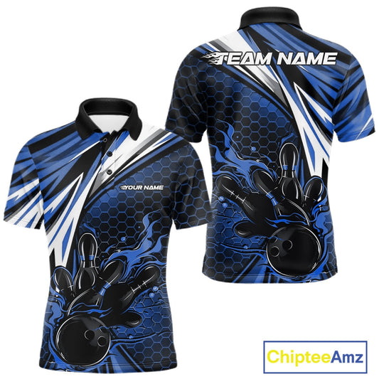 Custom Blue Flame Bowling Jerseys For Men, Hexagon Bowling Team Tournament Shirt IPHW10557