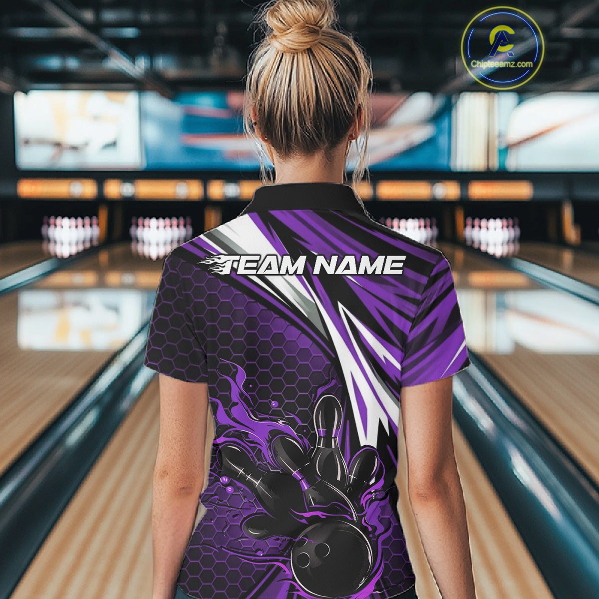Custom Purple Flame Bowling Jerseys For Women, Hexagon Bowling Team Tournament Shirt IPHW10559