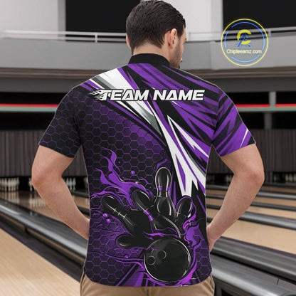 Custom Purple Flame Bowling Jerseys For Men, Hexagon Bowling Team Tournament Shirt IPHW10559