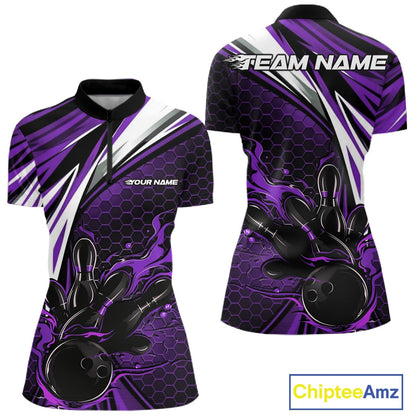 Custom Purple Flame Bowling Jerseys For Women, Hexagon Bowling Team Tournament Shirt IPHW10559
