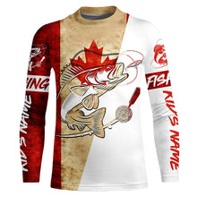 Load image into Gallery viewer, Canadian Flag Cuswom Walleye Long Sleeve Fishing Shirts, Vintage Canada Flag Walleye Fishing Jerseys IPHW6197